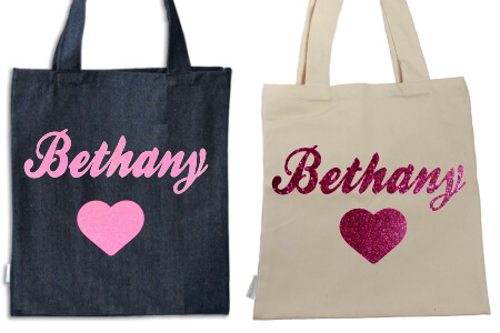 Tote Heart with Name Pink Glitter Vinyl